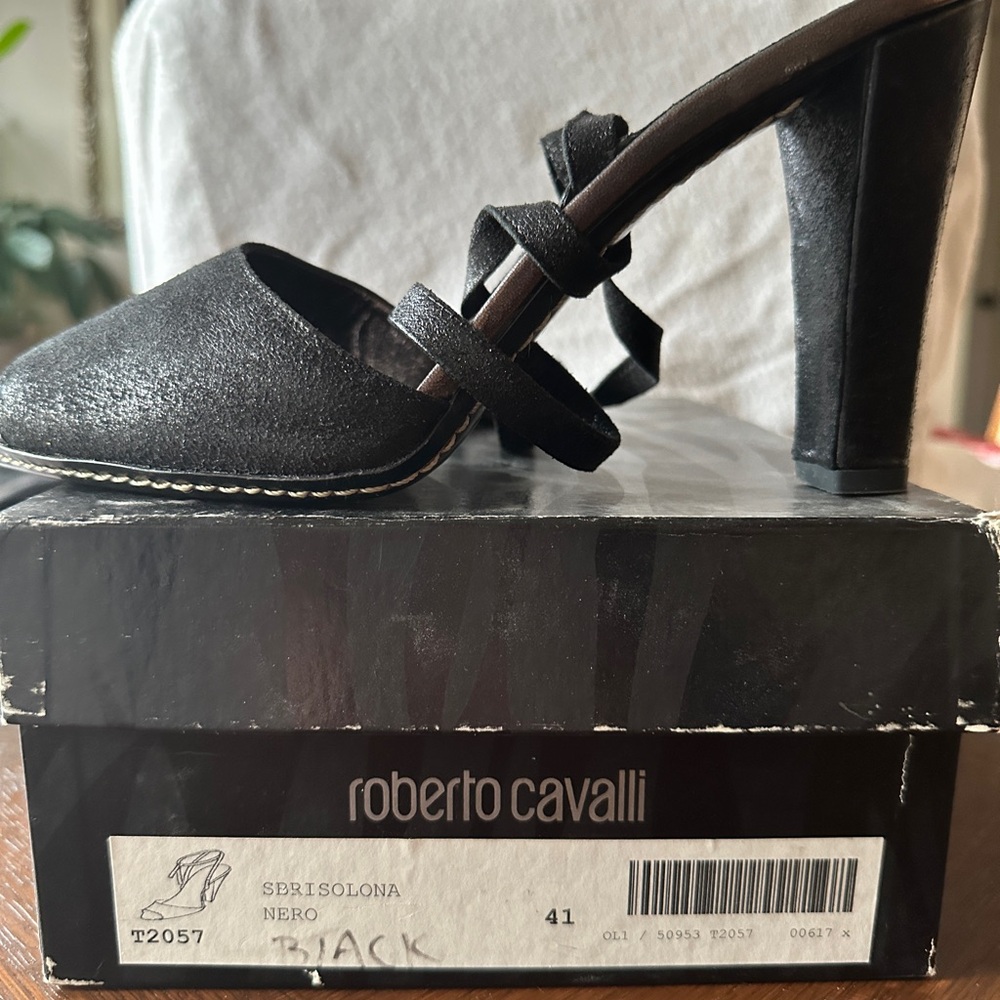 Roberto Cavalli Black Mules with Ribbon Detail